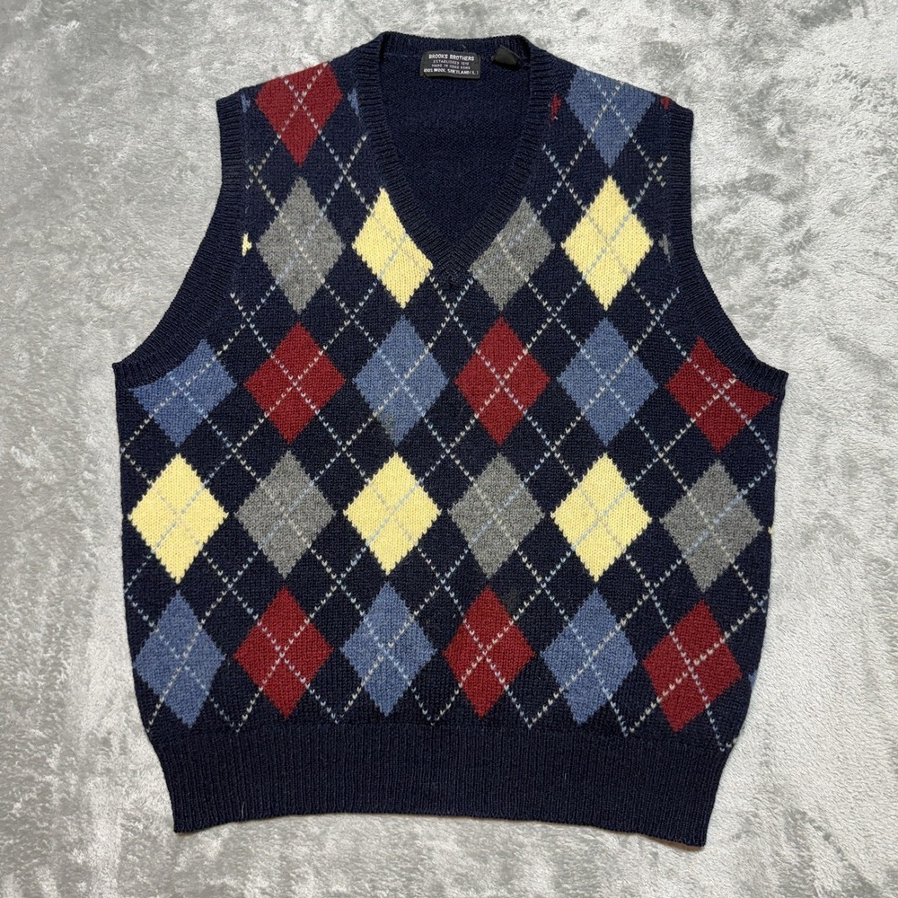 Vtg 80s Brooks Brothers Shetland Wool Sweater Vest L Argyle Hong Kong Ivy